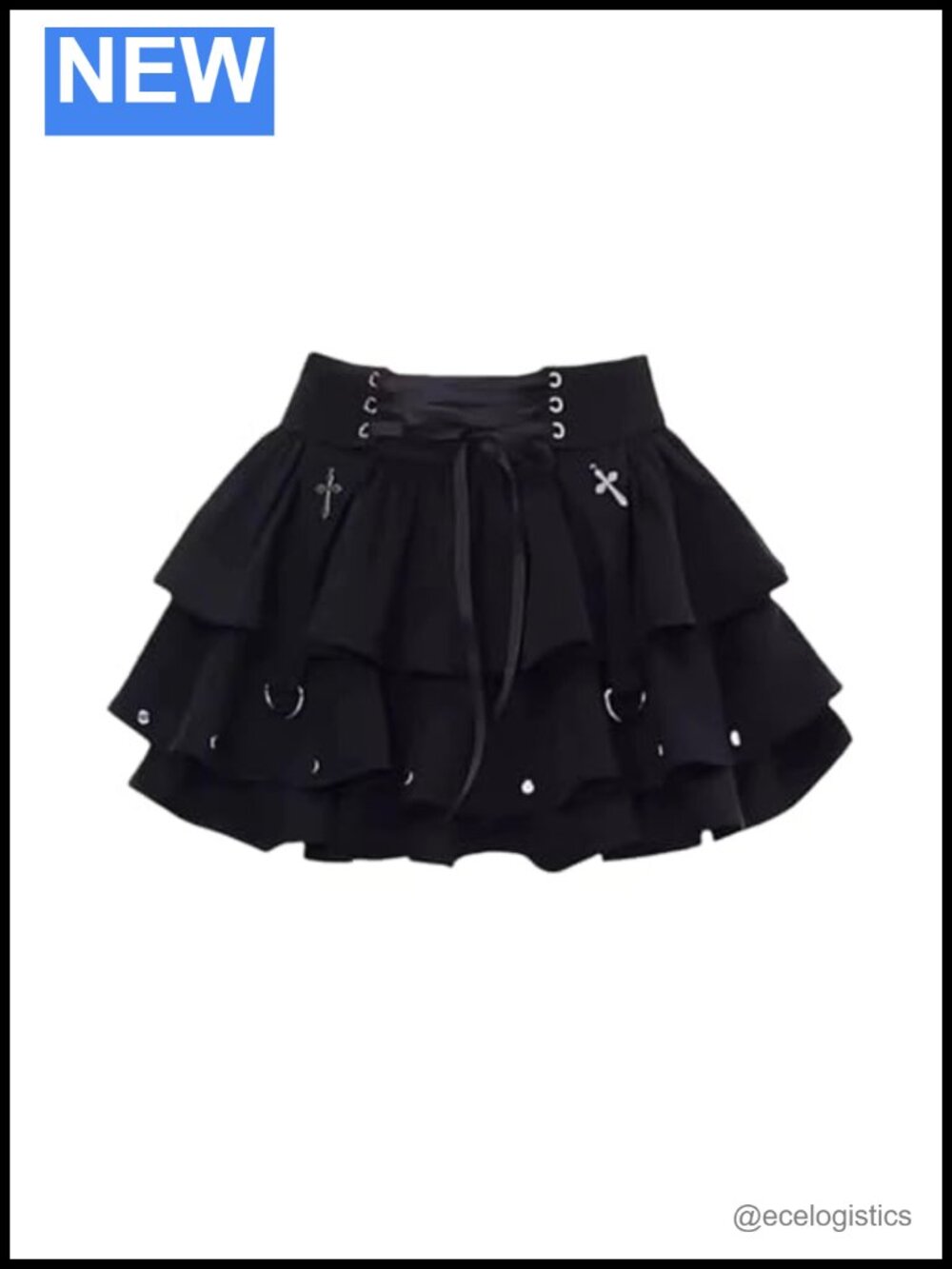 Gothic Skort with Lace-Up Front & Built-in Shorts, Tiered Ruffled Hem, Edgy